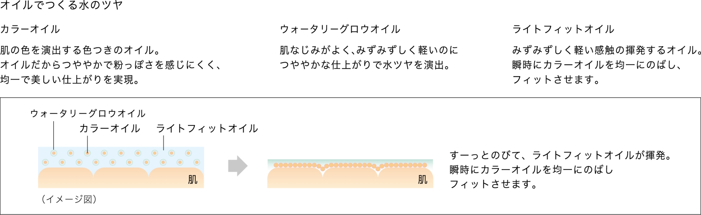 オイルでつくる水のツヤ カラーオイル 肌の色を演出する色つきのオイル。オイルだからつややかで粉っぽさを感じにくく、均一で美しい仕上がりを実現。ウォータリーグロウオイル 肌なじみがよく、みずみずしく軽いのにつややかな仕上がりで水ツヤを演出。 ライトフィットオイル みずみずしく軽い感触の揮発するオイル。瞬時にカラーオイルを均一にのばし、フィットさせます。すーっとのびて、ライトフィットオイルが揮発。瞬時にカラーオイルを均一にのばしフィットさせます。