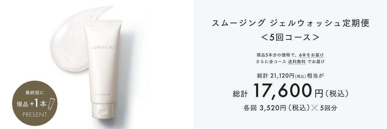 最終回に現品+1本PRESENT スムージングジェルウォッシュ定期便 5回コース 現品5本分の価格で、6本をお届けさらに全コース 送料無料でお届け 総計 21,120円 (税込) 相当が総計 17,600円(税込) 各回3,520円(税込) × 5回分