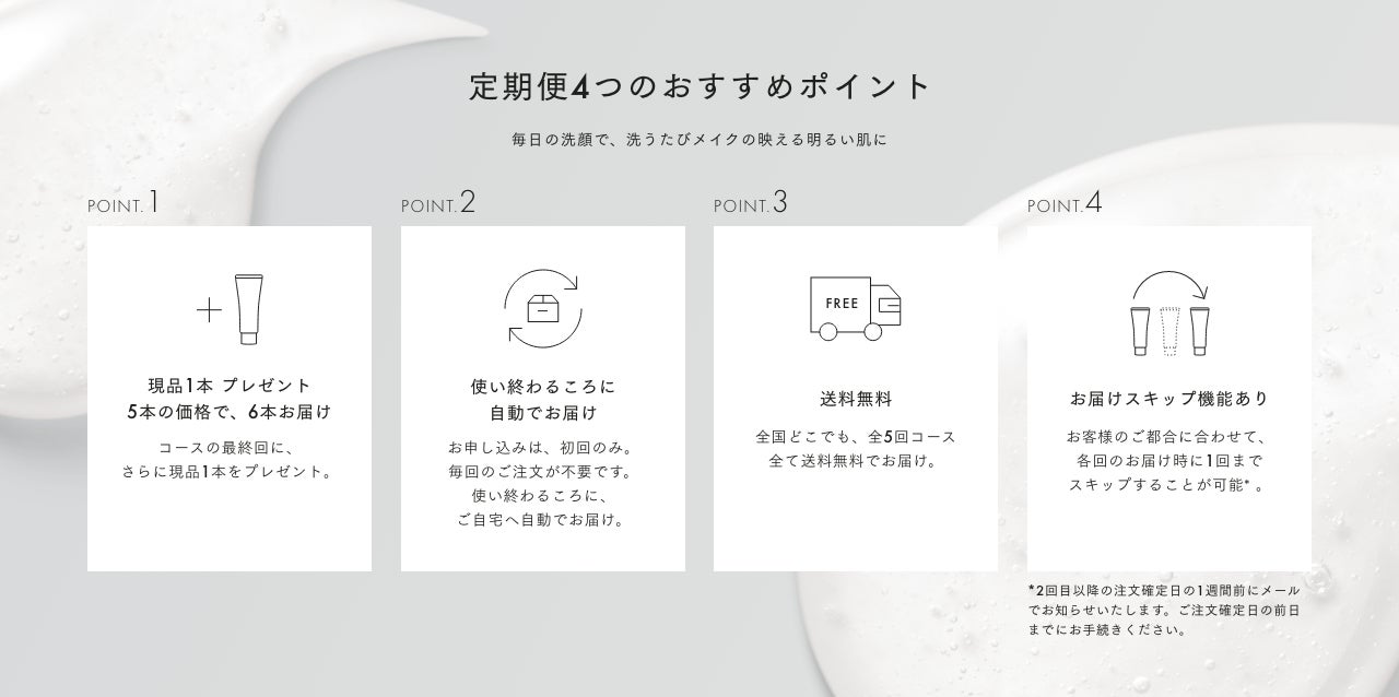 定期便4つのおすすめポイント 毎日の洗顔で、洗うたびメイクの映える明るい肌に POINT 1 現品1本 プレゼント 5本の価格で、6本お届け コースの最終回に、さらに現品1本をプレゼント。 POINT 2 使い終わるころに 自動でお届け お申し込みは、初回のみ。毎回のご注文が不要です。使い終わるころに、ご自宅へ自動でお届け。 POINT 3 送料無料 全国どこでも、全5回コース全て送料無料でお届け。 POINT 4 お届けスキップ機能あり お客様のご都合に合わせて、各回のお届け時に1回までスキップすることが可能。*2回目以降の注文確定日の1週間前にメールでお知らせいたします。ご注文確定日の前日 までにお手続きください。