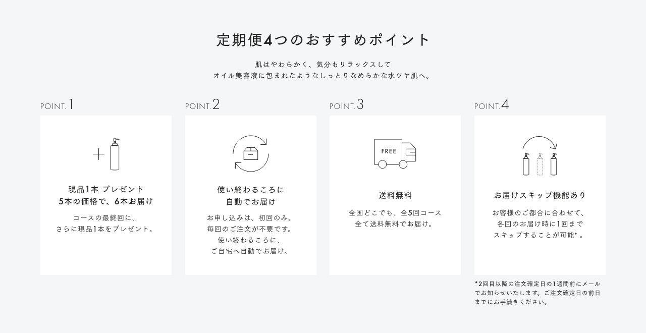 定期便4つのおすすめポイント 毎日の洗顔で、洗うたびメイクの映える明るい肌に POINT 1 現品1本 プレゼント 5本の価格で、6本お届け コースの最終回に、さらに現品1本をプレゼント。 POINT 2 使い終わるころに 自動でお届け お申し込みは、初回のみ。毎回のご注文が不要です。使い終わるころに、ご自宅へ自動でお届け。 POINT 3 送料無料 全国どこでも、全5回コース全て送料無料でお届け。 POINT 4 お届けスキップ機能あり お客様のご都合に合わせて、各回のお届け時に1回までスキップすることが可能。*2回目以降の注文確定日の1週間前にメールでお知らせいたします。ご注文確定日の前日 までにお手続きください。