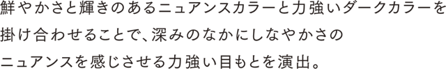 鮮やかさと輝きのあるニュアンスカラーと力強いダークカラーを掛け合わせることで、深みのなかにしなやかさのニュアンスを感じさせる力強い目もとを演出。
