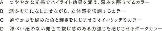 A つややかな光感でハイライト効果を添え、深みを際立てるカラー B 深みを肌になじませながら、立体感を強調するカラー C 鮮やかさを秘めた色と輝きをにじませるオイルリッチなカラー D 隠ぺい感のない発色で抜け感のある力強さを感じさせるダークカラー