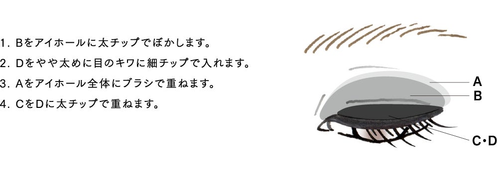 1. Bをアイホールに太チップでぼかします。 2. Dをやや太めに目のキワに細チップで入れます。 3. Aをアイホール全体にブラシで重ねます。 4. CをDに太チップで重ねます。
