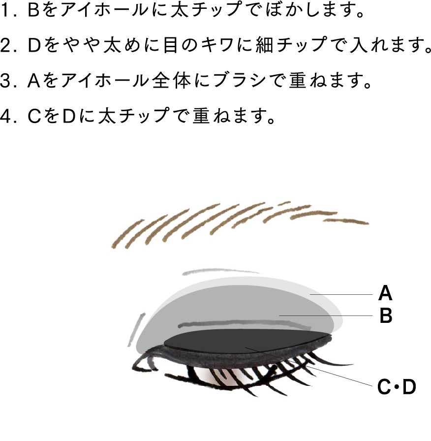 1. Bをアイホールに太チップでぼかします。 2. Dをやや太めに目のキワに細チップで入れます。 3. Aをアイホール全体にブラシで重ねます。 4. CをDに太チップで重ねます。